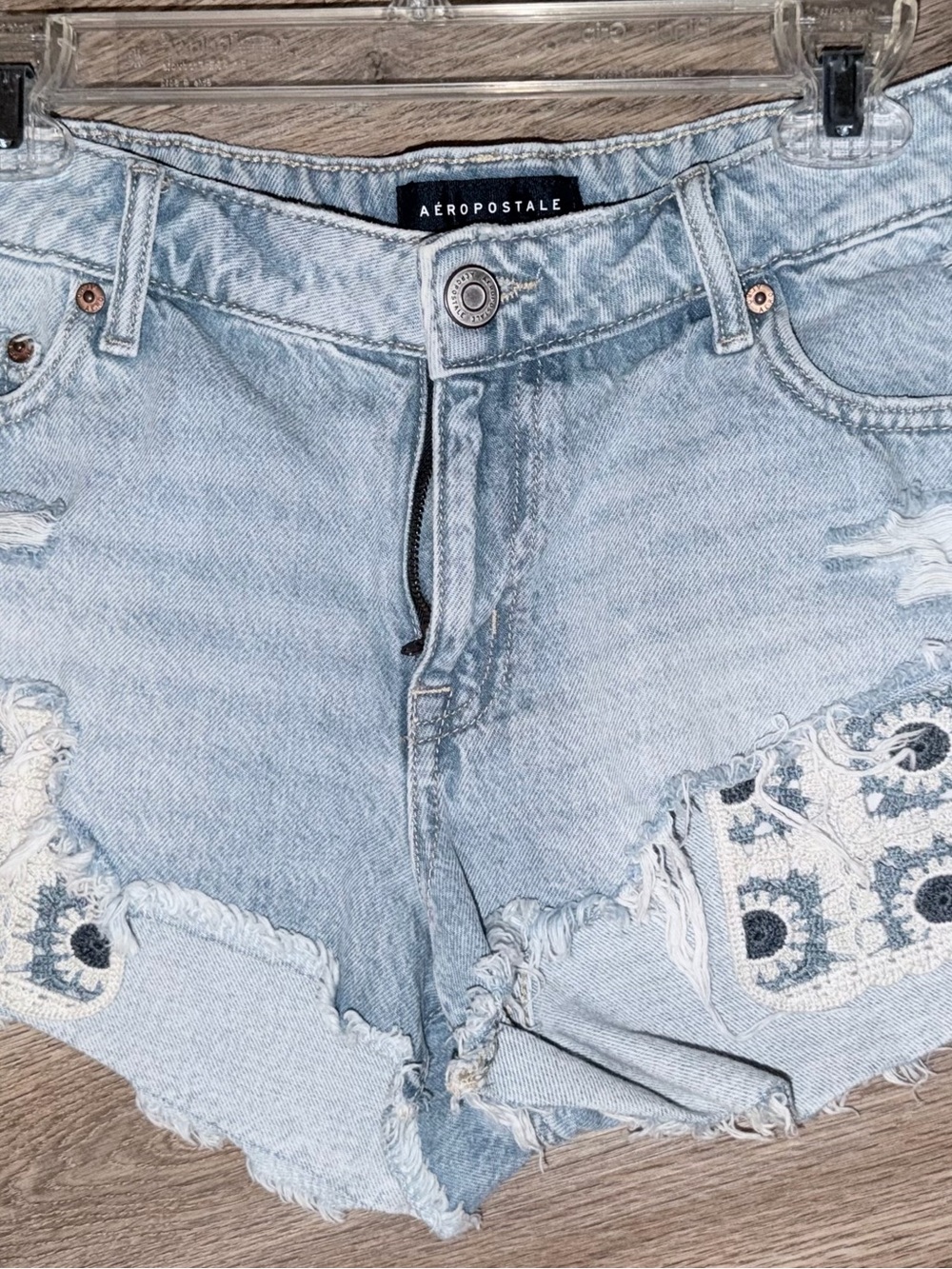 Aeropostale Light Wash Denim Shorts with Embroidered Floral Insets